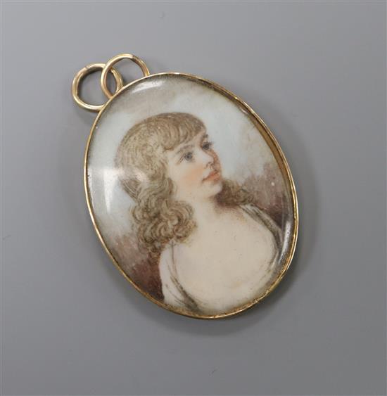 A yellow metal mounted oval miniature oval portrait pendant, painted with the bust of a lady, 35mm.